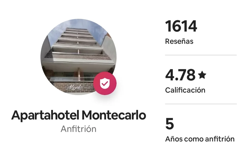 Perfil de Airbnb de Apartahotel Montecarlo: 1614 reseñas, calificación de 4.78 estrellas, 5 años como anfitrión.
