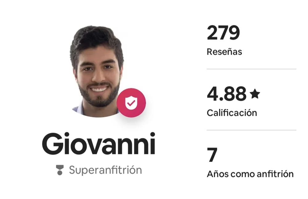 Perfil de Airbnb de Giovanni, Superanfitrión: 279 reseñas, calificación de 4.88 estrellas, 7 años como anfitrión.