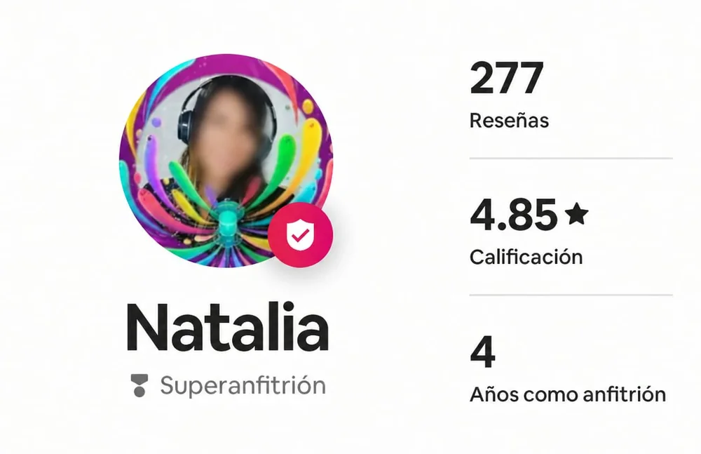 Perfil de Airbnb de Natalia, Superanfitriona: 277 reseñas, calificación de 4.85 estrellas, 4 años como anfitriona.