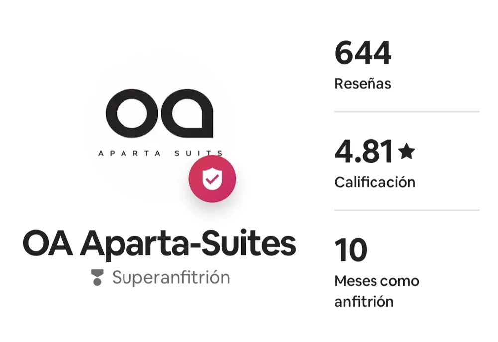 Perfil de Airbnb de OA Aparta-Suites, Superanfitrión: 644 reseñas, calificación de 4.81 estrellas, 10 meses como anfitrión.